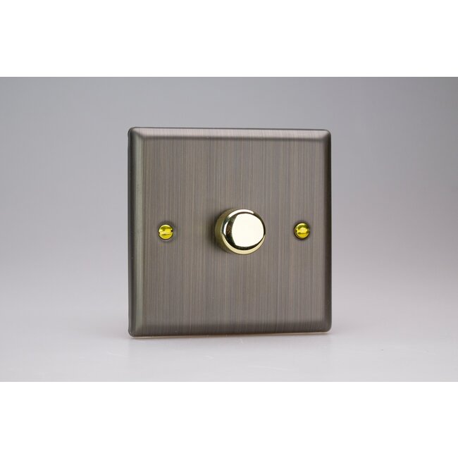 Varilight Urban 1-Gang 2-Way Push-On/Off Rotary LED Dimmer 1 x 0-120W (Max 10 LEDs) V-Pro Antique Brass Brass Knobs