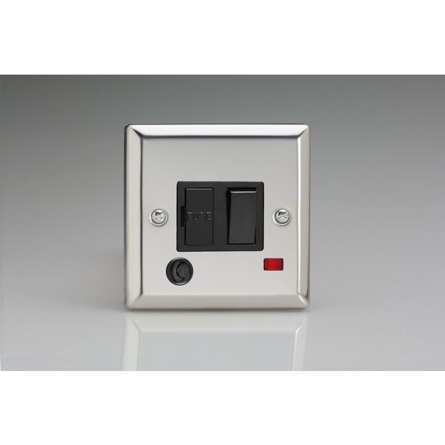 Varilight Classic 13A Switched Fused Spur + Neon + Flex Outlet  Black Mirror Chrome Black Inserts