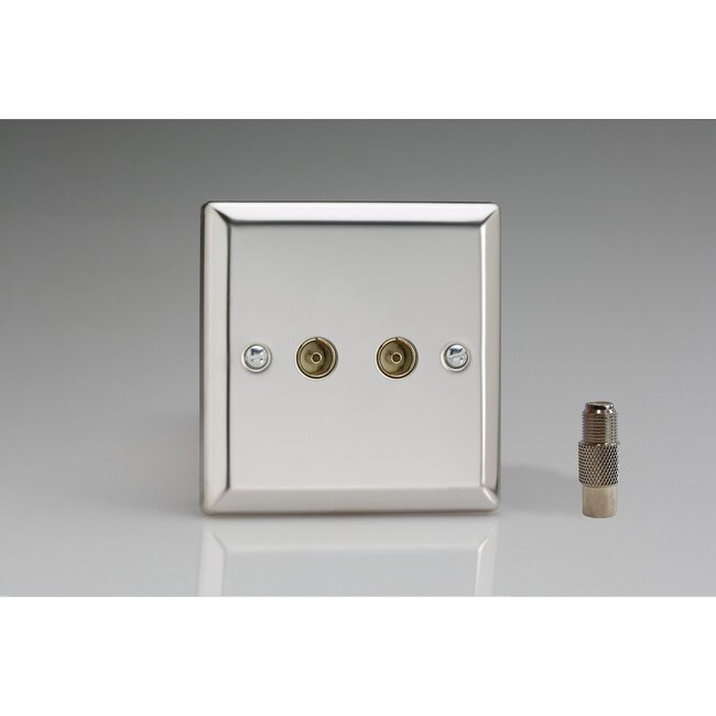 Varilight Classic 2-Gang TV Socket, Co-axial + F-Type Satellite  Mirror Chrome Plain Insert