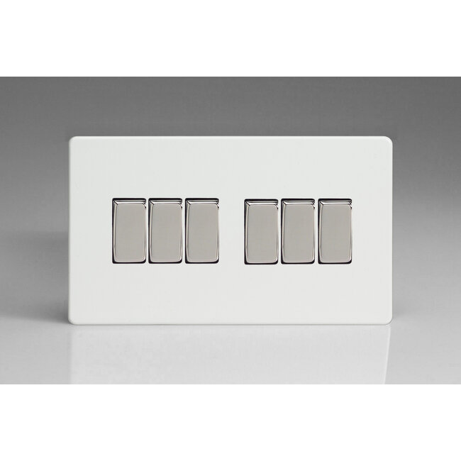 Varilight Screwless 6-Gang 10A 1- or 2-Way Rocker Switch (Twin Plate) Decorative Premium White Polished Chrome