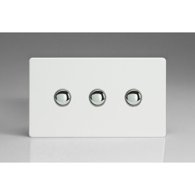 Varilight Screwless 3-Gang 6A 1- or 2-Way Push-On/Off Impulse Switch (Twin Plate) Decorative Premium White Chrome Buttons