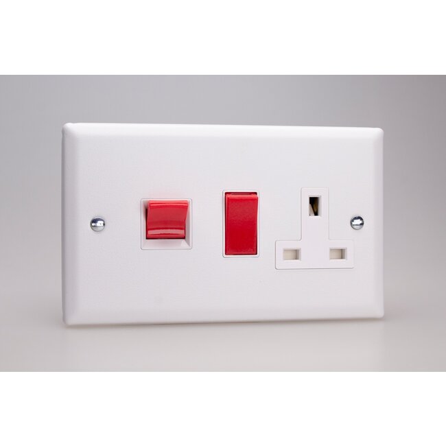 Varilight Urban 45A Cooker Panel with 13A Double Pole Switched Socket Outlet (Red Rocker) White Chalk White White