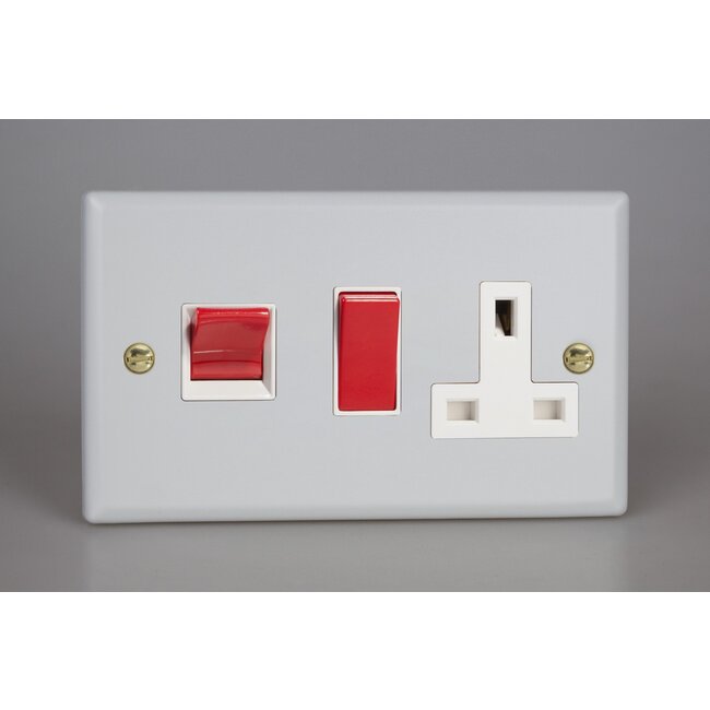 Varilight Vogue 45A Cooker Panel with 13A Double Pole Switched Socket Outlet (Red Rocker) White Matt White Polished Brass