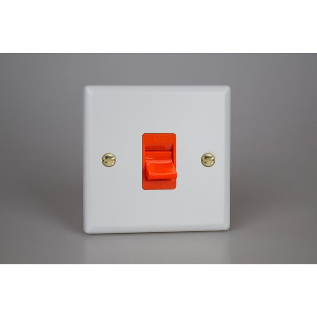 Varilight Vogue 45A Cooker Switch (Single Plate, Red Rocker) Red Matt White Polished Brass