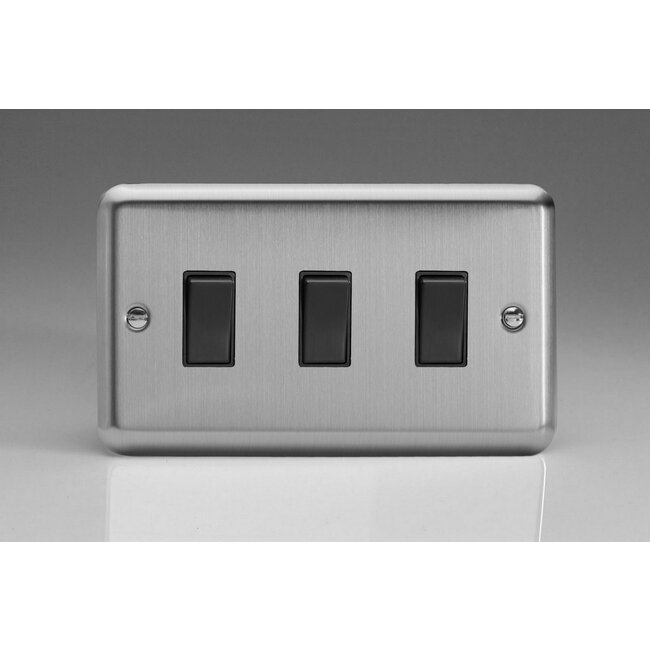 Varilight Classic 3-Gang 10A 1- or 2-Way Rocker Switch (Twin Plate) Black Matt Chrome Black Rockers