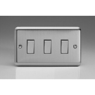 Varilight Classic 3-Gang 10A 1- or 2-Way Rocker Switch (Twin Plate) with Metal Rockers Decorative Matt Chrome Steel Rockers