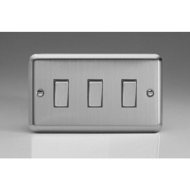 Varilight Classic 3-Gang 10A 1- or 2-Way Rocker Switch (Twin Plate) with Metal Rockers Decorative Matt Chrome Steel Rockers