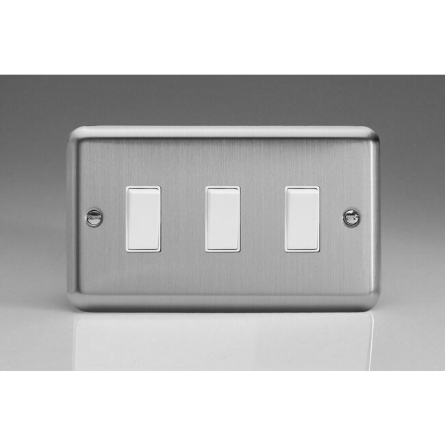 Varilight Classic 3-Gang 10A 1- or 2-Way Rocker Switch (Twin Plate) White Matt Chrome White Rockers