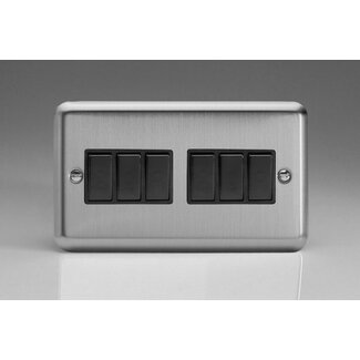 Varilight Classic 6-Gang 10A 1- or 2-Way Rocker Switch (Twin Plate) Black Matt Chrome Black Rockers