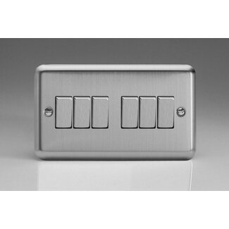Varilight Classic 6-Gang 10A 1- or 2-Way Rocker Switch (Twin Plate) with Metal Rockers Decorative Matt Chrome Steel Rockers