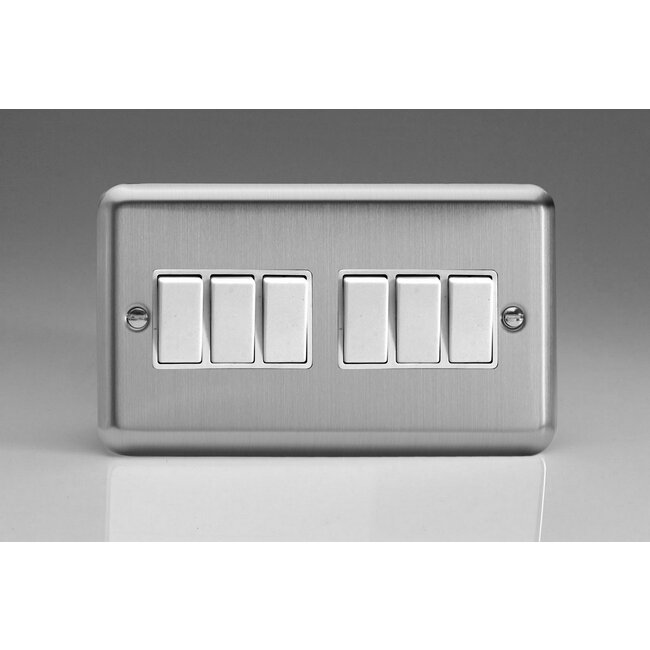 Varilight Classic 6-Gang 10A 1- or 2-Way Rocker Switch (Twin Plate) White Matt Chrome White Rockers