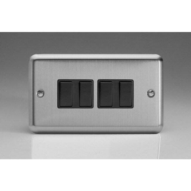 Varilight Classic 4-Gang 10A 1- or 2-Way Rocker Switch (Twin Plate) Black Matt Chrome Black Rockers