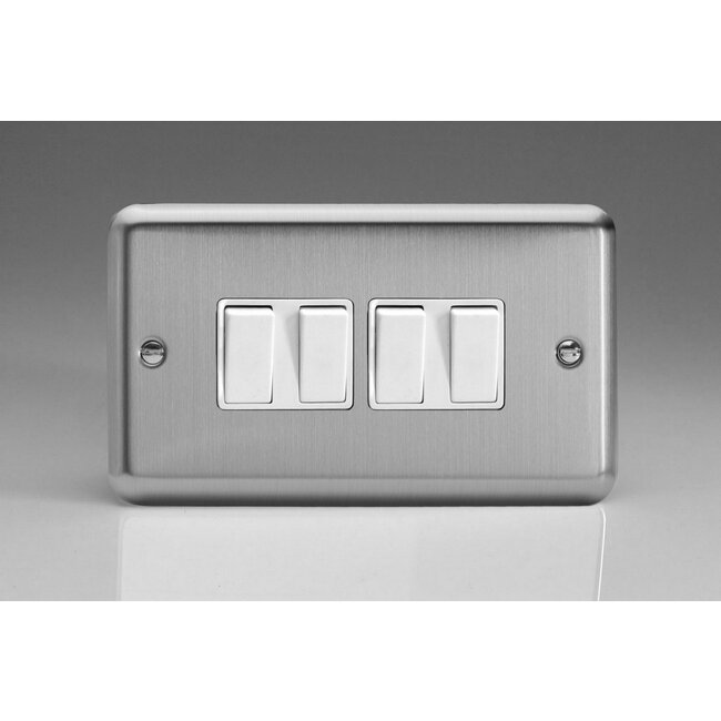 Varilight Classic 4-Gang 10A 1- or 2-Way Rocker Switch (Twin Plate) White Matt Chrome White Rockers