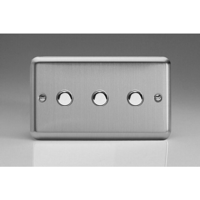 Varilight Classic 3-Gang 6A 1-Way Push-to-Make Momentary Switch (Twin Plate) Decorative Matt Chrome Chrome Buttons
