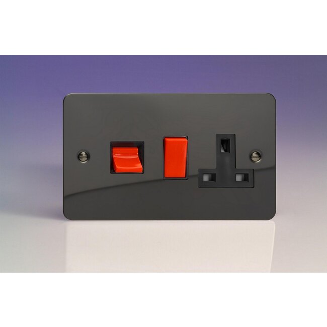 Varilight Ultraflat 45A Cooker Panel with 13A Double Pole Switched Socket Outlet (Red Rocker) Black Iridium Black/Red Inserts