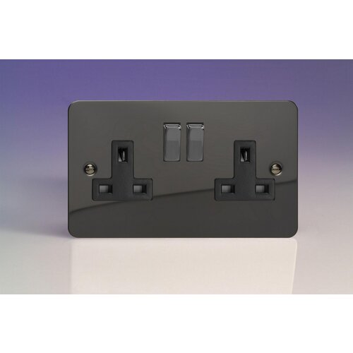 Varilight Ultraflat 2-Gang 13A Double Pole Switched Socket with Metal Rockers Black Iridium Iridium/Black Inserts Varilight Ultraflat 2-Gang 13A Double Pole Switched Socket with Metal Rockers Black Iridium Iridium/Black Inserts