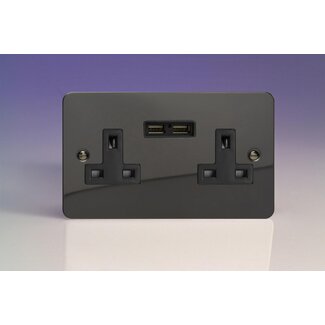 Varilight Ultraflat 2-Gang 13A Unswitched Socket + 2x5V DC 2100mA USB Charging Ports Black Iridium Black Inserts