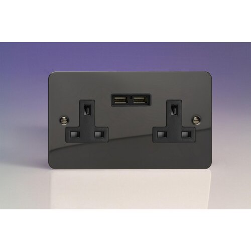 Varilight Ultraflat 2-Gang 13A Unswitched Socket + 2x5V DC 2100mA USB Charging Ports Black Iridium Black Inserts Varilight Ultraflat 2-Gang 13A Unswitched Socket + 2x5V DC 2100mA USB Charging Ports Black Iridium Black Inserts
