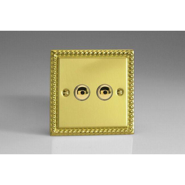 Varilight Classic 2-Gang 1-Way Remote/Touch Control Master LED Dimmer 2 x 0-100W (1-10 LEDs) V-Pro IR Georgian Brass Brass Buttons