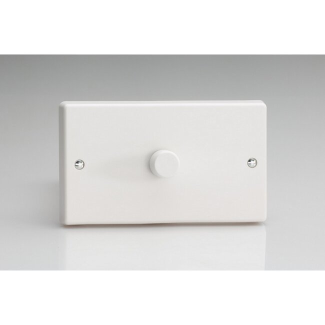 Varilight White 1-Gang 2-Way Push-On/Off Rotary LED Dimmer 1 x 40-600W (max 60 LEDs) (Twin Plate) V-Com White Plastic White Knob