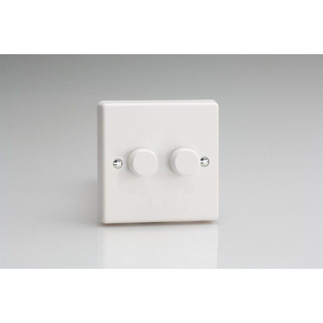 Varilight White 2-Gang 2-Way Push-On/Off Rotary LED Dimmer 2 x 0-100W (max 10 LEDs) V-Com White Plastic White Knob