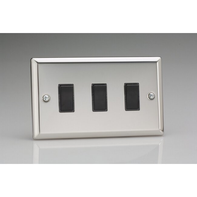 Varilight Classic 3-Gang 10A 1- or 2-Way Rocker Switch (Twin Plate) Black Mirror Chrome Black Rockers
