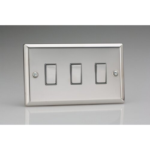 Varilight Classic 3-Gang 10A 1- or 2-Way Rocker Switch (Twin Plate) Decorative Mirror Chrome Chrome Rockers Varilight Classic 3-Gang 10A 1- or 2-Way Rocker Switch (Twin Plate) Decorative Mirror Chrome Chrome Rockers