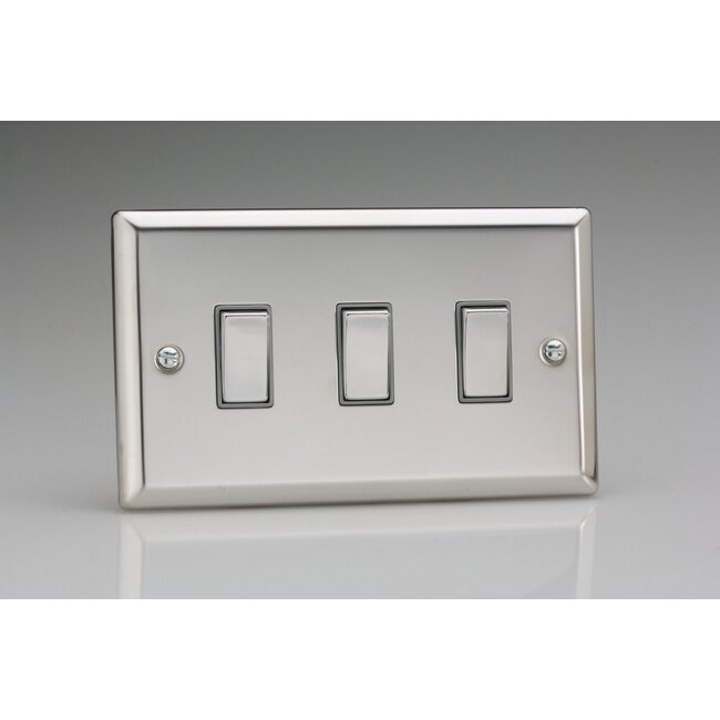 Varilight Classic 3-Gang 10A 1- or 2-Way Rocker Switch (Twin Plate) Decorative Mirror Chrome Chrome Rockers