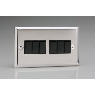 Varilight Classic 6-Gang 10A 1- or 2-Way Rocker Switch (Twin Plate) Black Mirror Chrome Black Rockers