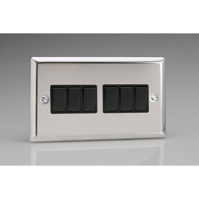 Varilight Classic 6-Gang 10A 1- or 2-Way Rocker Switch (Twin Plate) Black Mirror Chrome Black Rockers