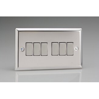 Varilight Classic 6-Gang 10A 1- or 2-Way Rocker Switch (Twin Plate) Decorative Mirror Chrome Chrome Rockers