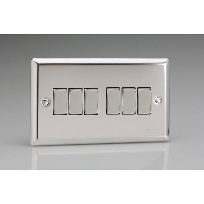 Varilight Classic 6-Gang 10A 1- or 2-Way Rocker Switch (Twin Plate) Decorative Mirror Chrome Chrome Rockers
