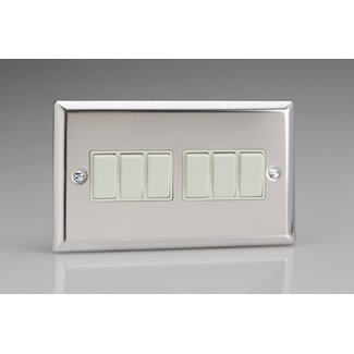 Varilight Classic 6-Gang 10A 1- or 2-Way Rocker Switch (Twin Plate) White Mirror Chrome White Rockers