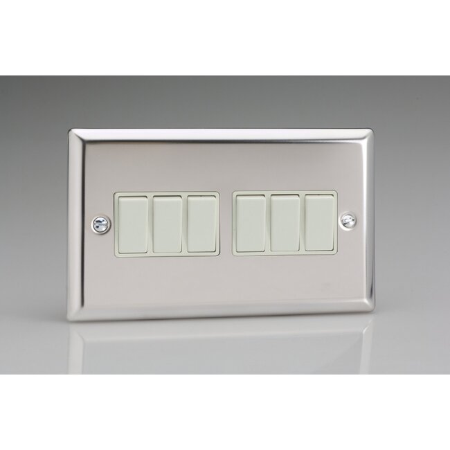 Varilight Classic 6-Gang 10A 1- or 2-Way Rocker Switch (Twin Plate) White Mirror Chrome White Rockers