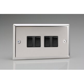 Varilight Classic 4-Gang 10A 1- or 2-Way Rocker Switch (Twin Plate) Black Mirror Chrome Black Rockers
