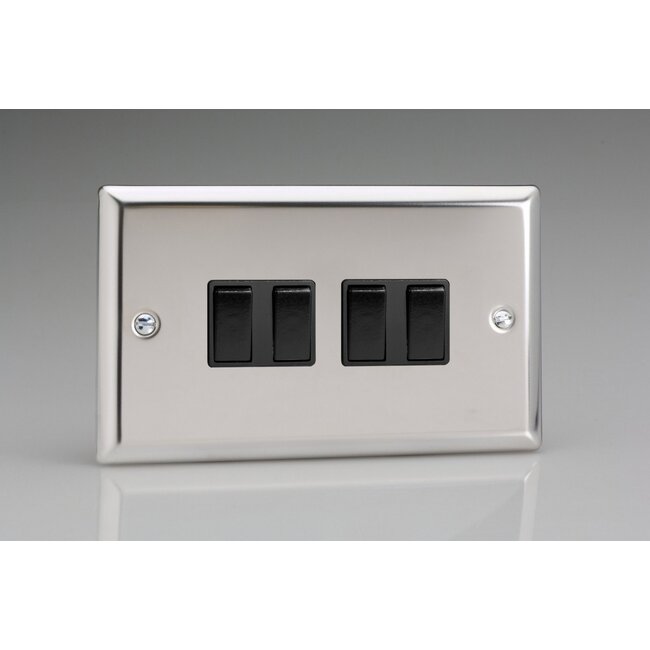 Varilight Classic 4-Gang 10A 1- or 2-Way Rocker Switch (Twin Plate) Black Mirror Chrome Black Rockers