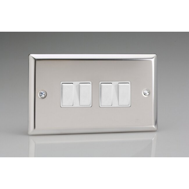 Varilight Classic 4-Gang 10A 1- or 2-Way Rocker Switch (Twin Plate) White Mirror Chrome White Rockers