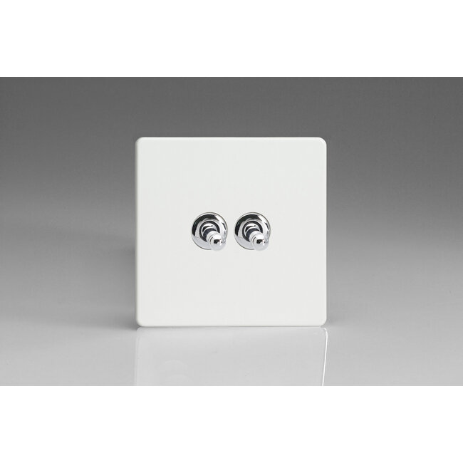 Varilight Screwless 2-Gang 10A 1- or 2-Way Toggle Switch Decorative Premium White Chrome Toggles