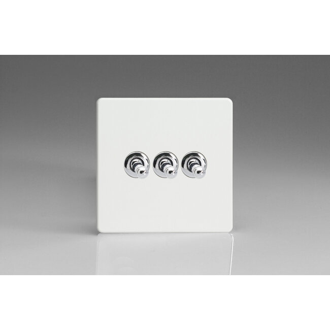 Varilight Screwless 3-Gang 10A 1- or 2-Way Toggle Switch Decorative Premium White Chrome Toggles