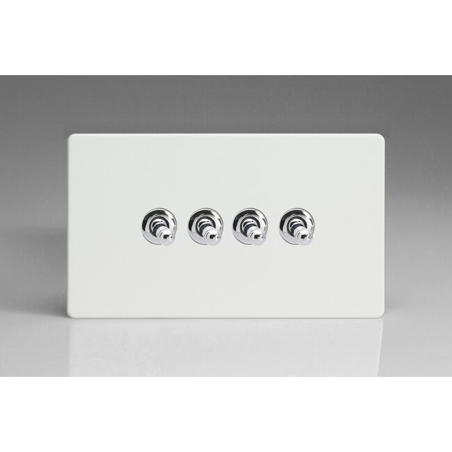 Varilight Screwless 4-Gang 10A 1- or 2-Way Toggle Switch (Twin Plate) Decorative Premium White Chrome Toggles