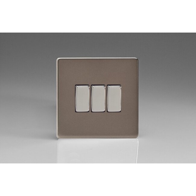 Varilight Screwless 3-Gang 10A 1- or 2-Way Rocker Switch Decorative Pewter Chrome Rockers
