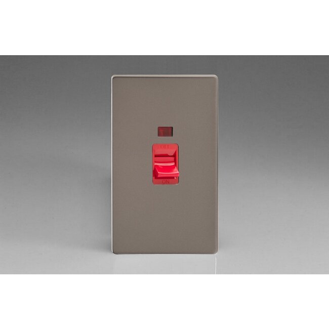 Varilight Screwless 45A Cooker Switch + Neon (Vertical Twin Plate, Red Rocker) Red Pewter Red Insert