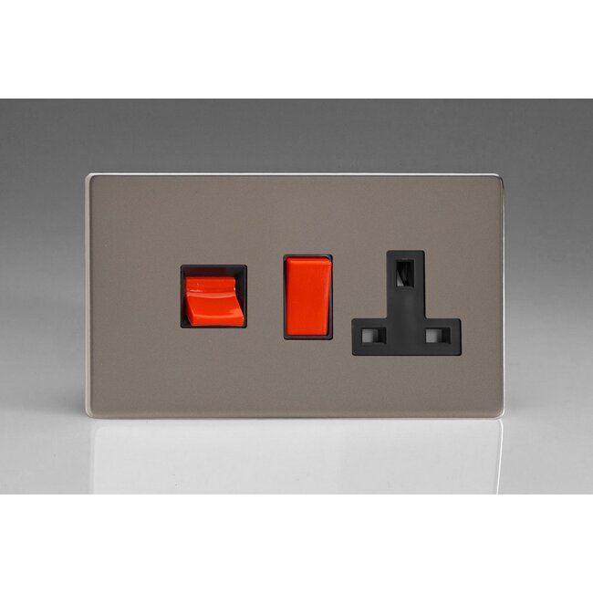 Varilight Screwless 45A Cooker Panel with 13A Double Pole Switched Socket Outlet (Red Rocker) Black Pewter Black/Red Inserts