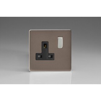 Varilight Screwless 1-Gang 13A Double Pole Switched Socket with Metal Rockers Black Pewter Chrome/Black Inserts