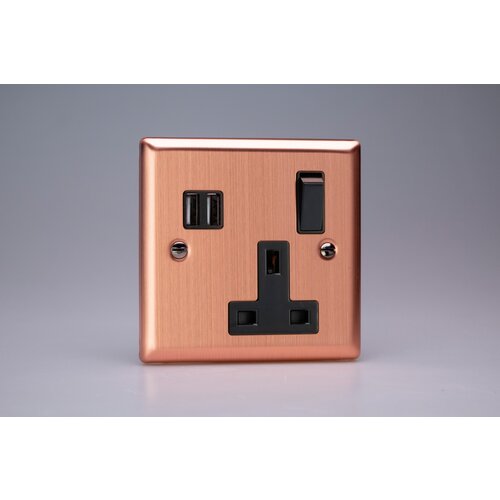 Varilight Urban 1-Gang 13A Single Pole Switched Socket + 2x5V DC 3400mA USB Charging Ports Black Brushed Copper Black Inserts Varilight Urban 1-Gang 13A Single Pole Switched Socket + 2x5V DC 3400mA USB Charging Ports Black Brushed Copper Black Inserts