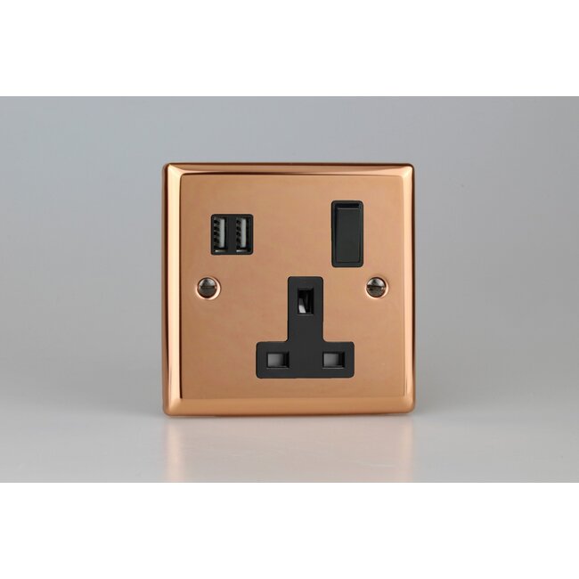 Varilight Urban 1-Gang 13A Single Pole Switched Socket + 2x5V DC 3400mA USB Charging Ports  Black Polished Copper Black Inserts