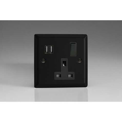 Varilight Urban 1-Gang 13A Single Pole Switched Socket + 2x5V DC 3400mA USB Charging Ports Black Matt Black Black Inserts Varilight Urban 1-Gang 13A Single Pole Switched Socket + 2x5V DC 3400mA USB Charging Ports Black Matt Black Black Inserts