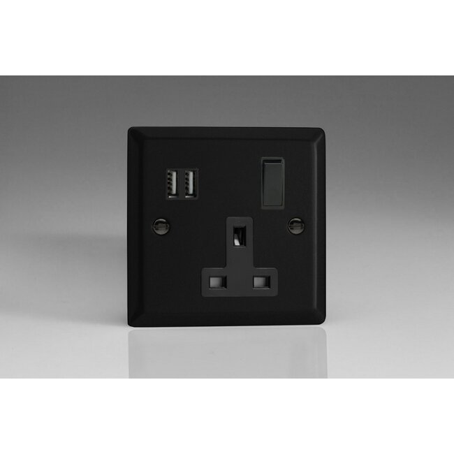 Varilight Urban 1-Gang 13A Single Pole Switched Socket + 2x5V DC 3400mA USB Charging Ports  Black Matt Black Black Inserts
