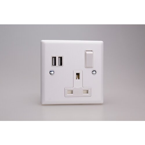 Varilight Urban 1-Gang 13A Single Pole Switched Socket + 2 5V DC 3400mA USB Charging Port White Chalk White White Varilight Urban 1-Gang 13A Single Pole Switched Socket + 2 5V DC 3400mA USB Charging Port White Chalk White White