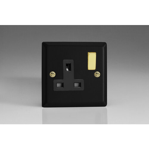 Varilight Vogue 1-Gang 13A Double Pole Switched Socket with Metal Rockers Black Matt Black Polished Brass Varilight Vogue 1-Gang 13A Double Pole Switched Socket with Metal Rockers Black Matt Black Polished Brass